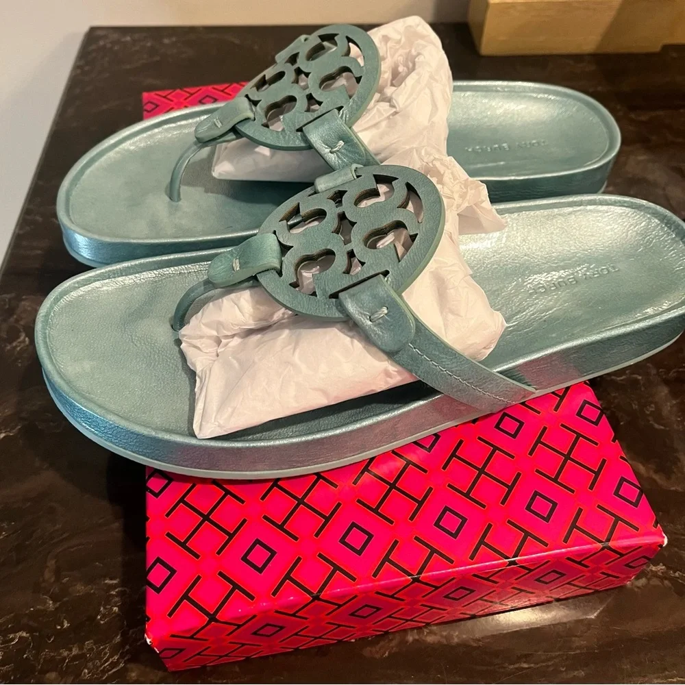 Tory Burch Miller Cloud Sandals metallic blue 10 Audrey Blue $225 - Picture 5 of 8